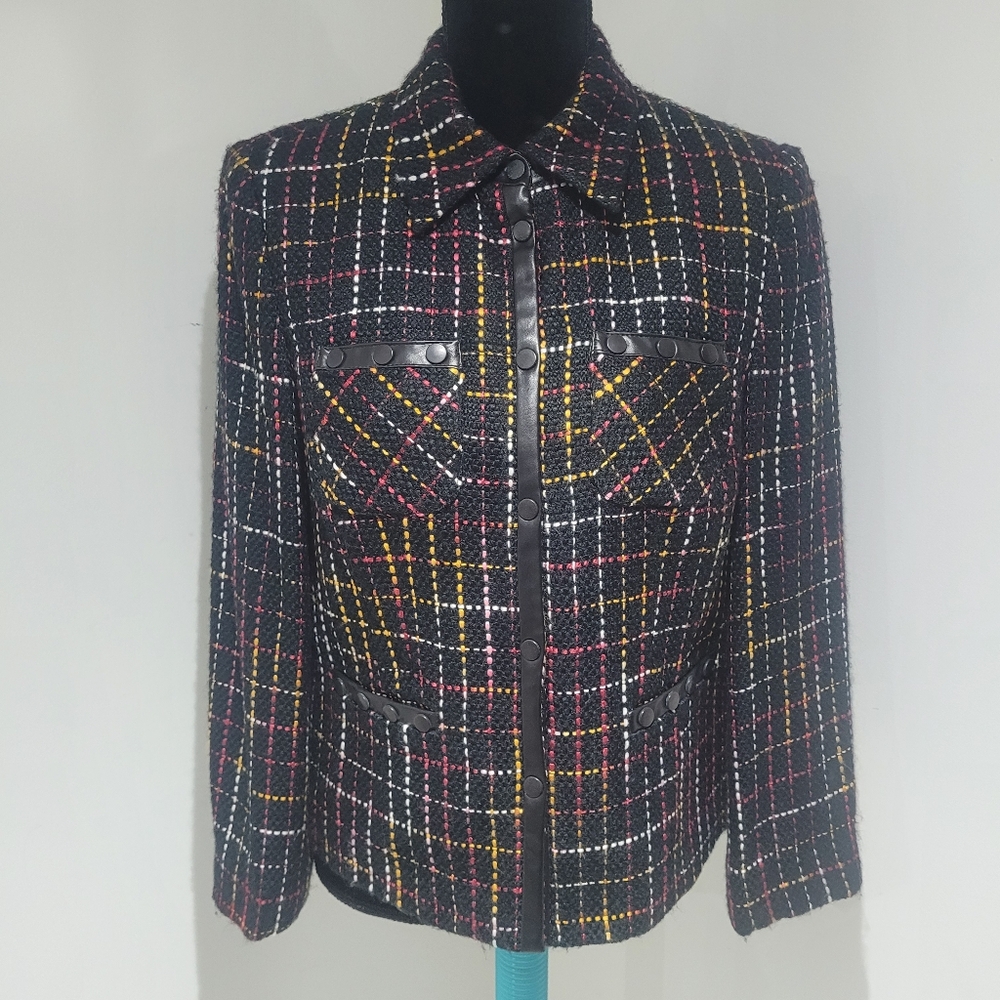 Lanalee Women's Vintage Tweed Button Down Jacket Pleather Trim 10 Black Multi